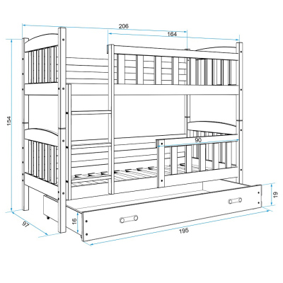 Dětská patrová postel s úložným prostorem s matracemi 90x200 BRIGID - grafit