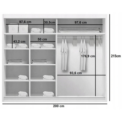 Šatní skříň se zrcadlem ANASTACIO, šířka 200 cm, výška 215 cm