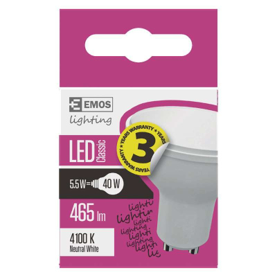 LED žárovka, GU10, 5,5W, neutrální bílá / denní světlo