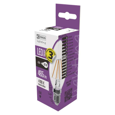 LED filamentová žárovka, E14, Candle, 4W, 465lm, 4100K, neutrální bílá