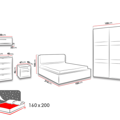 Ložnicová sestava s LED osvětlením a postelí 160x200 PEORIA 10 - dub monastery / lesklá černá