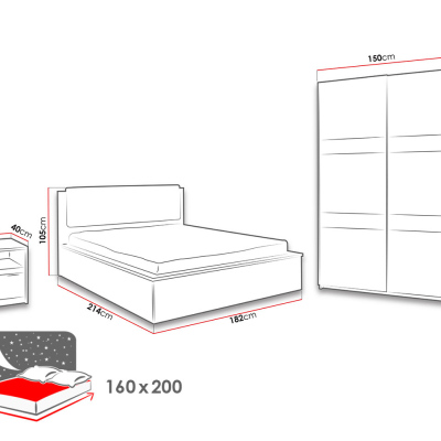 Ložnicová sestava s LED osvětlením a postelí 160x200 PEORIA 3 - dub monastery / lesklá černá