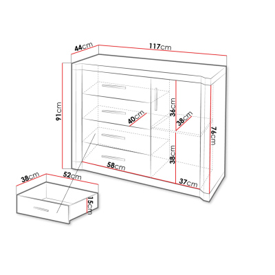 Kombinovaná komoda ARIKA - šířka 117 cm, dub sonoma