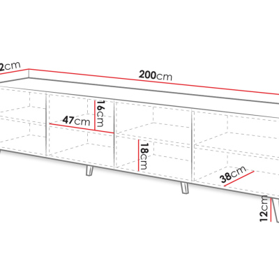 TV stolek 200 cm BERMEJO - černý / lesklý černý