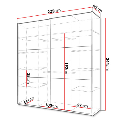 Šatní skříň 225 cm s posuvnými dveřmi a zrcadlem MATURIN - bílá