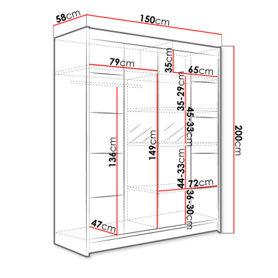 Zrcadlová šatní skříň 150 cm s posuvnými dveřmi a LED osvětlením PIRITU 5 - bílá / dub sonoma