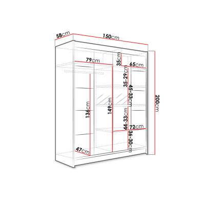 Zrcadlová šatní skříň 150 cm s posuvnými dveřmi a LED osvětlením PIRITU 5 - hnědá