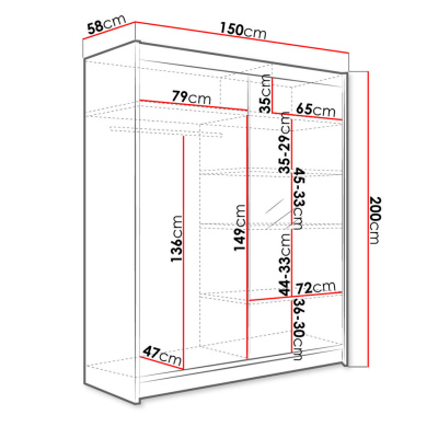 Šatní skříň 150 cm se zrcadlem a LED osvětlením PIRITU 1 - černá / bílá