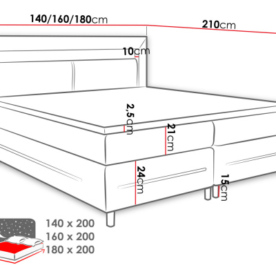 Boxpringová manželská postel s LED osvětlením 160x200 GALWAY - bílá ekokůže + topper ZDARMA