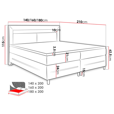 Boxpringová manželská postel s LED osvětlením 160x200 GALWAY - bílá ekokůže + topper ZDARMA