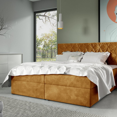 Postel boxspring s prošívaným čelem EUGENA - 180x200, žlutá + topper ZDARMA