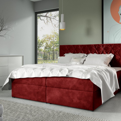 Postel boxspring s prošívaným čelem EUGENA - 180x200, červená + topper ZDARMA