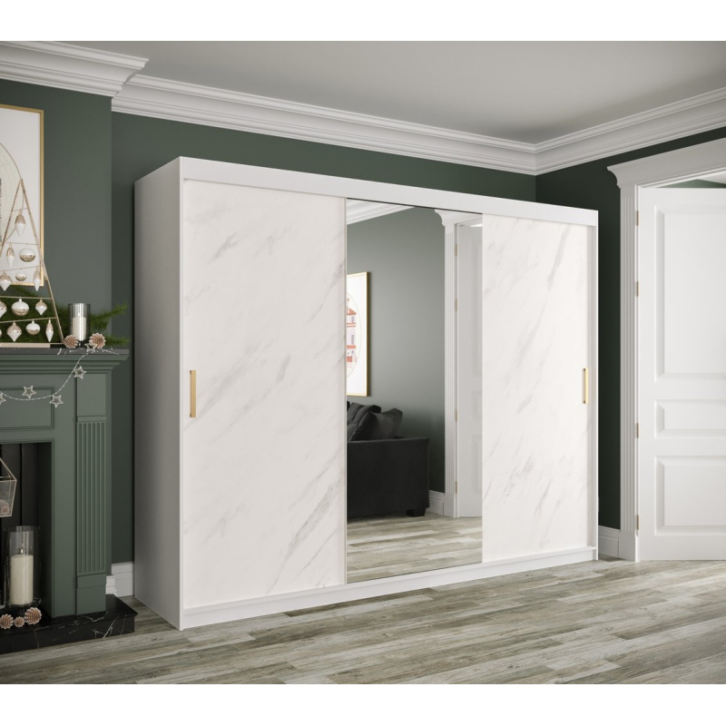 Zrcadlová skříň s posuvnými dveřmi MAREILLE 2 - šířka 250 cm, bílá / bílý mramor