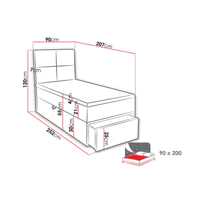 Jednolůžková boxpringová postel 90x200 LUGAU - bílá ekokůže, pravé provedení