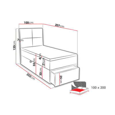 Jednolůžková boxpringová postel 100x200 LUGAU - šedá, levé provedení