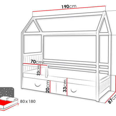 Dětská postel domeček se zábranou 80x180 NEBRA - bílá