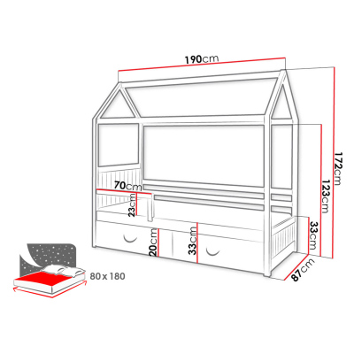 Dětská postel domeček se zábranou 80x180 NEBRA - bílá