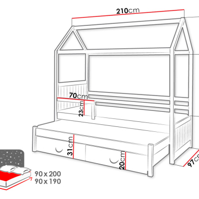 Dětská postel domeček se zábranou 90x200 KARBEN 2 - bílá / šedá