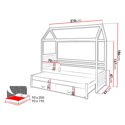Dětská postel domeček se zábranou 90x200 KARBEN 2 - bílá / šedá