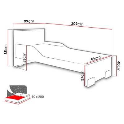 Dětská postel 90x200 LORCH - bílá / buk