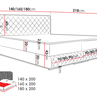 Manželská kontinentální postel 140x200 VELEN - šedá + topper ZDARMA