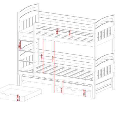 Patrová postel se šuplíky a přistýlkou ABAYOMI - 90x190, borovice