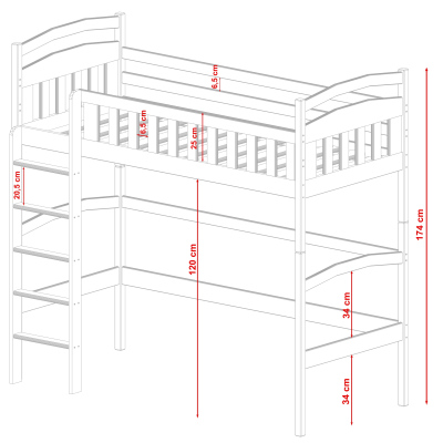 Dětská jednolůžková postel s horním spaním MAAIKE - 80x180, borovice