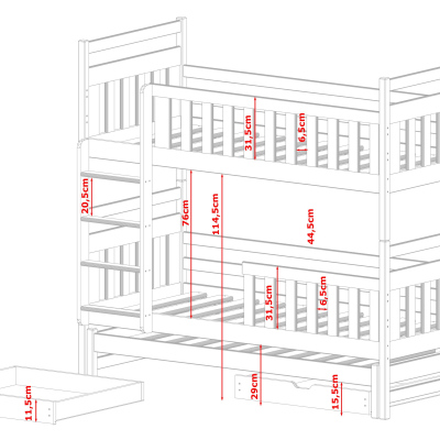 Patrová postel se šuplíky a přistýlkou MICHAELA - 90x200, bílá