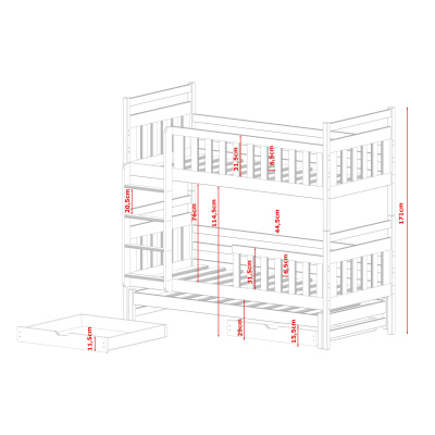 Patrová postel se šuplíky a přistýlkou MICHAELA - 90x200, bílá