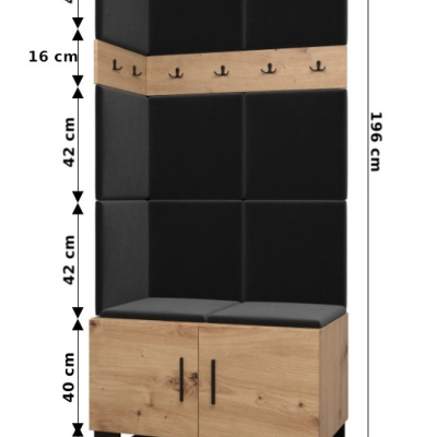 Předsíňová sestava RUMIE 11 - dub artisan, černé panely z ekokůže