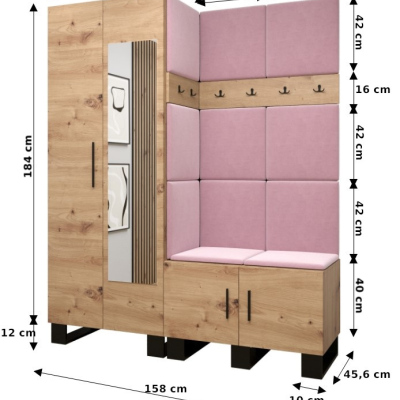 Předsíňová sestava RUMIE 14 - dub artisan, růžové panely