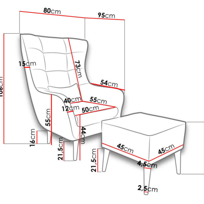 Designové křeslo ušák s taburetkou LEVI - modré