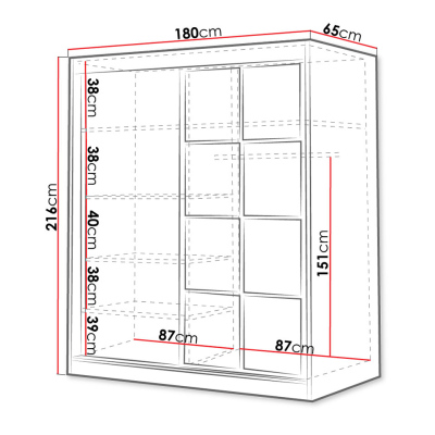 Šatní skříň se zrcadlem 180 cm HONG 2 - bílá / černá