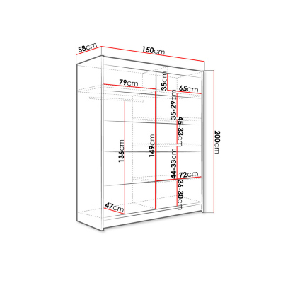 Šatní skříň 150 cm s posuvnými dveřmi a LED osvětlením PIRITU 4 - černá / dub artisan