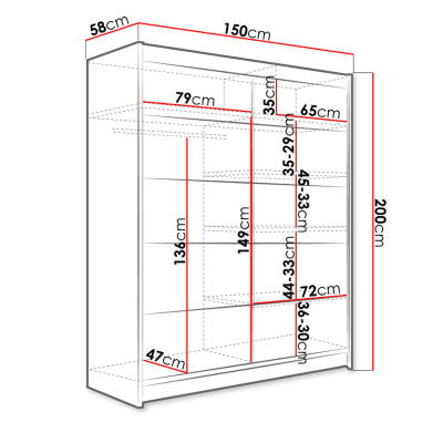 Šatní skříň 150 cm s posuvnými dveřmi a LED osvětlením PIRITU 4 - bílá / dub artisan