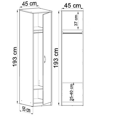 Úzká šatní skříň SIMELA - šířka 45 cm, olše