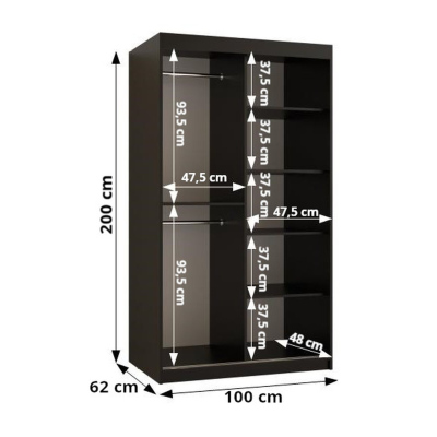 Skříň s posuvnými dveřmi a zrcadlem PAOLA - šířka 100 cm, černá / bílá