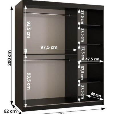 Skříň s posuvnými dveřmi a zrcadlem PAOLA - šířka 150 cm, bílá / černá