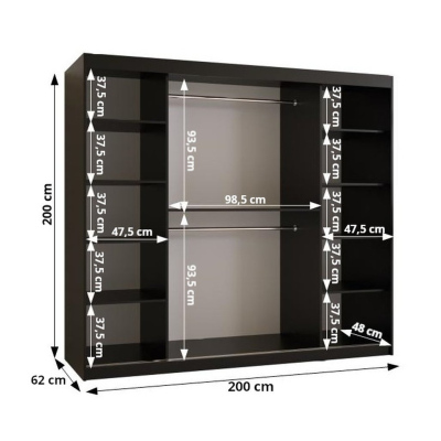 Skříň s posuvnými dveřmi a zrcadlem PAOLA - šířka 200 cm, černá / bílá