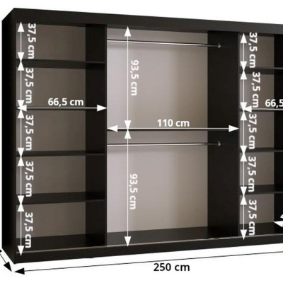 Prostorná šatní skříň MAIA 2 - šířka 250 cm, černá / jasan