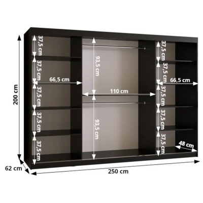 Prostorná šatní skříň MAIA 2 - šířka 250 cm, černá / jasan