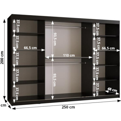 Praktická šatní skříň RADOLA 1 - šířka 250 cm, dub artisan / černá