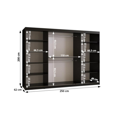 Praktická šatní skříň RADOLA 1 - šířka 250 cm, bílá / černá