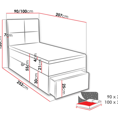 Jednolůžková boxspringová postel 90x200 LUGAU - černá, pravé provedení + topper ZDARMA