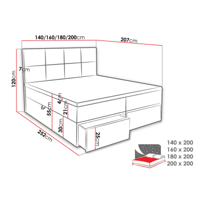 Manželská boxspringová postel 200x200 LUGAU - tmavá šedá + topper ZDARMA