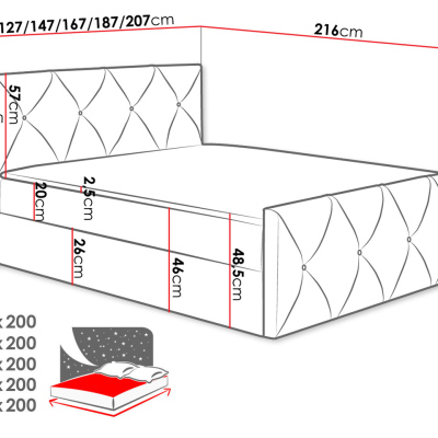 Kontinentální manželská postel 200x200 LITZY 2 - šedá + topper ZDARMA