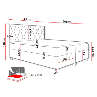 Boxspringová dvoulůžková postel 140x200 LUELA - šedá 1 + topper ZDARMA