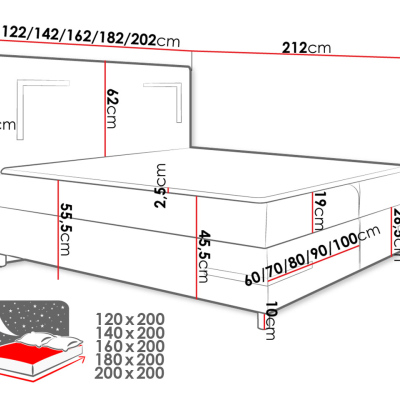 Boxspringová manželská postel 180x200 MADENA - šedá ekokůže + topper a LED osvětlení ZDARMA