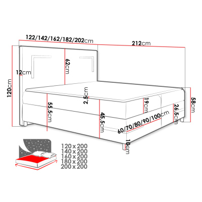 Boxspringová manželská postel 180x200 MADENA - šedá ekokůže + topper a LED osvětlení ZDARMA