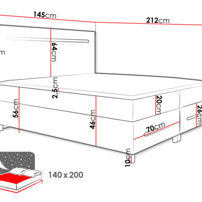 Boxspringová manželská postel 180x200 MARIELA - černá ekokůže + topper a LED osvětlení ZDARMA